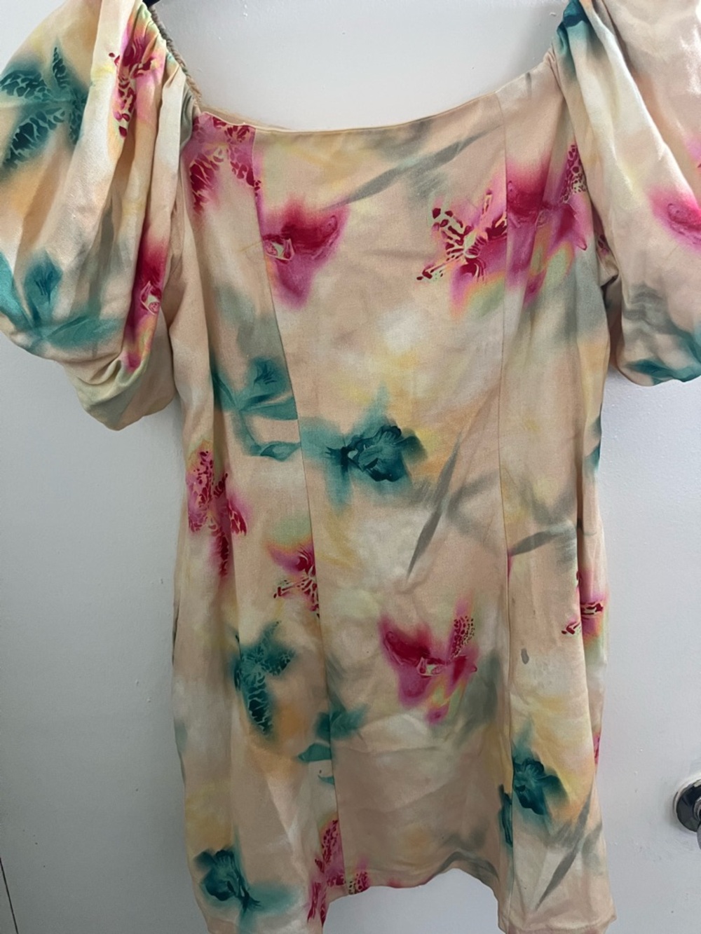 Bar III Yellow Floral Puff-Sleeve Tunic dress with Pink and Teal Accents - Picture 3 of 11